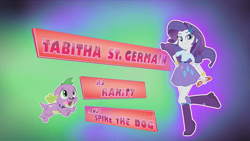Size: 1280x720 | Tagged: safe, edit, edited screencap, editor:incredibubbleirishguy, screencap, rarity, spike, spike the regular dog, dog, human, equestria girls, g4, g4.5, my little pony equestria girls: friendship games, alternate, alternate scenario, belt, boots, bracelet, clothes, cutie mark on clothes, female, g4.5 to equestria girls, generation leap, glasses, hairpin, hand on hip, happy, jewelry, male, opening credits, puppy, raised leg, shoes, skirt, smiling, smirk, tabitha st. germain, teenager, tongue out, top