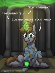 Size: 3000x4000 | Tagged: safe, artist:luckynb, oc, oc only, oc:littlepip, pony, unicorn, fallout equestria, dialogue, fanfic art, levitation, looking at you, magic, offscreen character, open mouth, open smile, pipbuck, pov, smiling, telekinesis