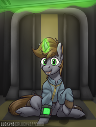 Size: 3000x4000 | Tagged: safe, alternate version, artist:luckynb, oc, oc only, oc:littlepip, pony, unicorn, fallout equestria, levitation, looking at you, magic, offscreen character, open mouth, open smile, pipbuck, pov, smiling, telekinesis, textless version