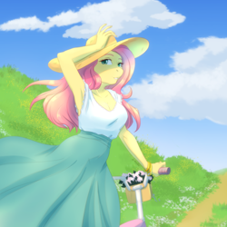 Size: 1920x1920 | Tagged: safe, artist:likri, fluttershy, pegasus, anthro, g4, basket, bicycle, bracelet, breasts, busty fluttershy, cleavage, clothes, cloud, cottagecore, cute, day, dress, eyebrows, eyelashes, female, fingernails, flower, hat, hill, jewelry, lidded eyes, long hair, looking at you, nostrils, outdoors, pink hair, shyabetes, snout, solo, summer, sun hat, sundress, trail