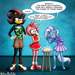 Size: 3500x3500 | Tagged: safe, artist:anibaruthecat, trixie, hedgehog, unicorn, anthro, plantigrade anthro, unguligrade anthro, g4, amy rose, breasts, child, clothes, crossover, dialogue, eyebrows, eyelashes, female, high res, hoof feet, male, power rings, shadow the hedgehog, sonic the hedgehog, sonic the hedgehog (series), speech bubble, stool, tongue out, trio, younger