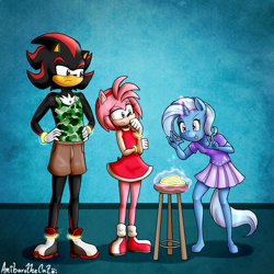 Size: 3500x3500 | Tagged: safe, alternate version, artist:anibaruthecat, trixie, hedgehog, unicorn, anthro, unguligrade anthro, g4, amy rose, breasts, child, clothes, crossover, eyebrows, eyelashes, female, high res, hoof feet, male, no dialogue, power rings, shadow the hedgehog, sleeveless, sonic the hedgehog, sonic the hedgehog (series), stool, textless version, tongue out, trio, younger