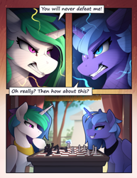 Size: 1930x2500 | Tagged: safe, artist:yakovlev-vad, princess celestia, princess luna, alicorn, pony, g4, angry, bait and switch, chess, chessboard, comic, female, glowing, glowing horn, grin, gritted teeth, horn, jewelry, lacrimal caruncle, looking at each other, looking at someone, magic, mare, regalia, royal sisters, s1 luna, sibling rivalry, siblings, sisters, smiling, smirk, teeth, telekinesis, wings