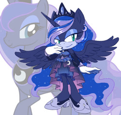 Size: 918x871 | Tagged: safe, artist:kanayanga, princess luna, alicorn, mobian, anthro, g4, ear piercing, earring, high heels, jewelry, looking at you, piercing, shoes, smiling, sonic the hedgehog (series), sonicified, spread wings, wings
