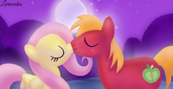 Size: 1980x1020 | Tagged: safe, artist:mlplary6, big macintosh, fluttershy, earth pony, pegasus, pony, g4, boyfriend and girlfriend, duo, eyes closed, female, kiss on the lips, kissing, love, male, mare, moon, moonlight, romantic, ship:fluttermac, shipping, stallion, straight