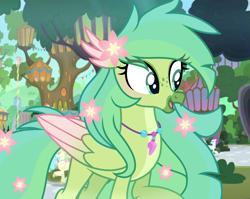 Size: 1355x1080 | Tagged: safe, artist:cstrawberrymilk, oc, oc only, oc:zinnia, classical hippogriff, hippogriff, g4, colored wings, cute, eyeshadow, female, flower, flower in hair, flower in tail, freckles, green, green eyes, green eyeshadow, green feathers, green hair, green tail, hippogriff oc, jewelry, looking right, makeup, mount aris, necklace, seashell, seashell necklace, solo, tail, two toned wings, wings
