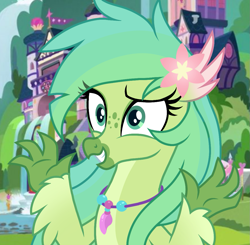 Size: 1103x1080 | Tagged: safe, artist:cstrawberrymilk, oc, oc:zinnia, classical hippogriff, hippogriff, g4, cute, eyeshadow, female, flower, flower in hair, freckles, green, green eyes, green eyeshadow, green feathers, green hair, hippogriff oc, jewelry, makeup, necklace, school of friendship, seashell, seashell necklace, solo