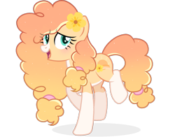 Size: 1379x1080 | Tagged: safe, alternate version, artist:cstrawberrymilk, oc, oc only, oc:sunrise butter, earth pony, pony, g4, blushing, coat markings, eye clipping through hair, facial markings, female, flower, flower in hair, full body, gradient mane, gradient tail, looking at you, mare, not pear butter, open mouth, open smile, pale belly, show accurate, simple background, smiling, smiling at you, snip (coat marking), socks (coat markings), solo, tail, transparent background, walking