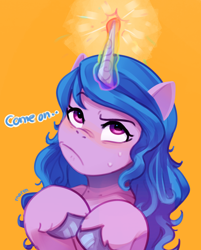 Size: 2416x3012 | Tagged: safe, artist:maren, izzy moonbow, pony, unicorn, g5, female, frown, glowing, glowing horn, high res, horn, mare, simple background, solo, sweat