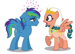 Size: 4442x3242 | Tagged: safe, artist:aleximusprime, somnambula, oc, oc:storm streak, pegasus, pony, fanfic:the perfect storm streak, flurry heart's story, g4, crush, egyptian, egyptian headdress, egyptian pony, female, floating heart, headdress, heart, heart eyes, in love, looking at each other, looking at someone, male, mare, offspring, older, open mouth, parent:oc:thunderhead, parent:rainbow dash, parents:canon x oc, pegasus oc, shocked, simple background, smiling, spread wings, stallion, straight, transparent background, wingding eyes, wings