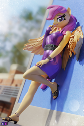 Size: 2160x3240 | Tagged: safe, artist:shadowboltsfm, scootaloo, anthro, plantigrade anthro, g4, 3d, adorasexy, anklet, bedroom eyes, blender, bracelet, breasts, busty scootaloo, clothes, cute, cutealoo, dress, eyeshadow, feet, female, heel sandals, high heels, high res, jewelry, leaning on wall, lipstick, looking at you, makeup, nail polish, not sfm, older, older scootaloo, ponytail, sandals, sexy, shoes, slip-on sandals, smiling, solo, toenail polish, tomboy, wings