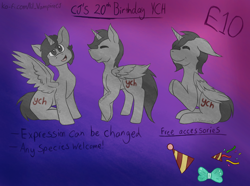 Size: 4000x2972 | Tagged: safe, artist:lil_vampirecj, pony, any species, birthday, bow, commission, commissions open, glitter, gradient background, hat, open, party hat, party popper, your character here