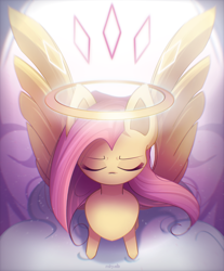 Size: 1900x2300 | Tagged: safe, artist:miryelis, fluttershy, pegasus, pony, g4, big ears, cloud, eyes closed, halo, long hair, perspective, solo, spread wings, standing, wings