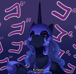 Size: 2393x2346 | Tagged: safe, artist:maren, nightmare moon, alicorn, pony, g4, female, frown, glare, gradient background, high res, jojo reference, jojo's bizarre adventure, mare, menacing, pointing, purple background, raised hoof, simple background, solo, ゴ ゴ ゴ