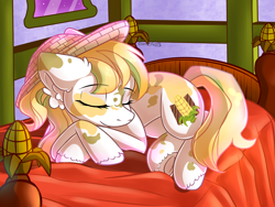 Size: 2400x1800 | Tagged: safe, artist:yuris, oc, oc only, oc:maize goldenrod, earth pony, pony, bed, bedroom, commission, ears back, eyes closed, female, frog (hoof), lying down, room, sleeping, smiling, solo, underhoof