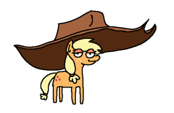 Size: 1602x1047 | Tagged: safe, artist:punkittdev, applejack, earth pony, pony, g4, cowboy hat, female, giant hat, hat, impossibly large hat, lidded eyes, looking at you, mare, simple background, smiling, smiling at you, solo, white background