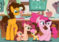 Size: 1059x754 | Tagged: safe, artist:elainanat, cheese sandwich, pinkie pie, oc, earth pony, pony, g4, family, female, filly, foal, male, mare, offspring, parent:cheese sandwich, parent:pinkie pie, parents:cheesepie, ship:cheesepie, shipping, stallion, straight