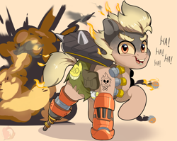 Size: 2113x1682 | Tagged: safe, artist:joaothejohn, pony, bomb, explosion, fanart, junkrat, looking at you, maniacal laugh, overwatch, ponified, running, simple background, solo, text, weapon