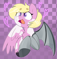 Size: 1588x1664 | Tagged: safe, artist:2k.bugbytes, oc, oc only, pegasus, pony, abstract background, amputee, artificial wings, augmented, blonde, bust, chest fluff, coat markings, female, floating heart, happy, heart, mare, open mouth, pink coat, prosthetic limb, prosthetic wing, prosthetics, purple eyes, smiling, solo, spread wings, unshorn fetlocks, wings