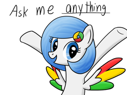 Size: 1280x960 | Tagged: safe, artist:10art1, oc, oc only, oc:google chrome, pegasus, pony, 2013, ama, artifact, ask, ask-googlechrome, blue eyes, blue mane, browser ponies, desktop, female, google chrome, internet explorer, looking at you, mare, nostalgia, open mouth, open smile, ponified, simple background, smiling, solo, text, tumblr, white background