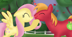 Size: 1980x1020 | Tagged: safe, artist:mlplary6, big macintosh, fluttershy, earth pony, pegasus, pony, g4, ^^, boyfriend and girlfriend, duo, eyes closed, female, heart, love, male, mare, ship:fluttermac, shipping, smiling, stallion, straight, sweet apple acres, tree