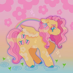 Size: 1440x1440 | Tagged: safe, artist:ariariari.png, fluttershy, pegasus, pony, g4, partially submerged, rainbow, solo, spread wings, standing in water, teary eyes, water, wings