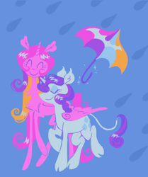 Size: 1280x1532 | Tagged: safe, artist:peaceandlove26, princess cadance, rarity, alicorn, pony, unicorn, g4, blue background, blush scribble, chest fluff, cloven hooves, crack shipping, duo, ear tufts, eyes closed, eyeshadow, female, hug, leonine tail, lesbian, lyrics in the description, magic, makeup, rain, raridance, shipping, simple background, smiling, tail, telekinesis, umbrella, walking, winghug, wings