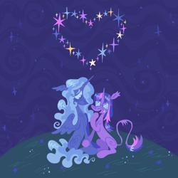 Size: 1280x1280 | Tagged: safe, artist:webkinzworldz, princess luna, twilight sparkle, pony, unicorn, g4, alternate color palette, alternate design, blushing, closed mouth, constellation, crying, duo, ear tufts, female, flower, glasses, grass, grass field, heart, hill, holding hooves, leonine tail, lesbian, looking at someone, looking up, night, night sky, open mouth, pink eyes, purple eyes, ship:twiluna, shipping, sitting, sky, smiling, sparkles, spread wings, starry night, starry sky, stars, tail, teary eyes, unicorn twilight, wing ears, wings