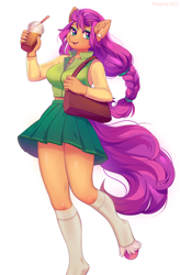 Size: 856x1302 | Tagged: safe, artist:margony, sunny starscout, earth pony, anthro, unguligrade anthro, g5, bag, clothes, cute, drink, female, handbag, heart, heart eyes, leggings, looking at you, open mouth, open smile, purse, raised hand, shirt, simple background, skirt, sleeveless, sleeveless shirt, smiling, smoothie, solo, sunnybetes, that pony sure does love smoothies, thighs, thunder thighs, unshorn fetlocks, white background, wingding eyes