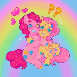 Size: 1440x1440 | Tagged: safe, artist:ariariari.png, fluttershy, pinkie pie, earth pony, pegasus, pony, g4, colored hooves, duo, female, heart, hug, lesbian, question mark, ship:flutterpie, shipping, sweat, sweatdrop