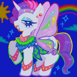 Size: 1080x1080 | Tagged: safe, artist:ariariari.png, rarity, pony, unicorn, g4, butterfly wings, cloud, eyeshadow, lipstick, makeup, rainbow, sky, solo, wings