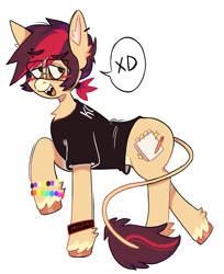 Size: 2137x2618 | Tagged: safe, artist:s0ulv0id, oc, oc:comet shine, donkey, hybrid, pony, clothes, emo, fangs, glasses, high res, misfits, nonbinary, piercing, pride, scene kid, simple background, solo, two toned wings, white background, xd
