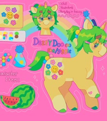 Size: 1440x1631 | Tagged: safe, artist:ariariari.png, oc, oc only, oc:dazey doo, pony, unicorn, g4, alternate versions at source, colored hooves, food, ponysona, pronouns, reference sheet, solo, watermelon