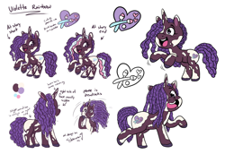 Size: 2048x1410 | Tagged: safe, artist:shauna j. grant, violette rainbow, pony, unicorn, g5, official, alternate hairstyle, cutie mark, dreadlocks, female, filly, foal, reference sheet, simple background, violettebetes, vitiligo, white background