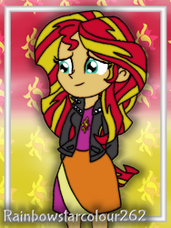 Size: 768x1024 | Tagged: safe, artist:rainbowstarcolour262, part of a set, sunset shimmer, human, series:equ wallpapers, equestria girls, g4, abstract background, clothes, cute, cutie mark background, cutie mark on clothes, female, green eyes, hand behind back, jacket, multicolored hair, part of a series, shimmerbetes, shirt, signature, skirt, solo