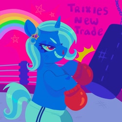 Size: 1440x1440 | Tagged: safe, artist:ariariari.png, trixie, pony, unicorn, g4, blood, boxers, boxing, boxing gloves, boxing ring, clothes, eyestrain warning, nosebleed, solo, sports, underwear