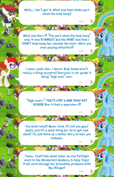 Size: 2045x3175 | Tagged: safe, gameloft, pipsqueak, rainbow dash, twist, earth pony, pegasus, pony, g4, my little pony: magic princess, bandana, clothes, colt, dialogue, dialogue box, english, event, eyepatch, female, foal, glasses, high res, male, mare, mobile game, older twist, speech bubble, spread wings, stallion, text, wings