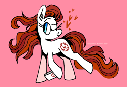 Size: 1316x900 | Tagged: safe, artist:msponies, nurse redheart, earth pony, pony, g4, female, floating heart, hat, hatless, heart, mare, missing accessory, ms paint, nurse hat, one eye closed, pink background, raised hoof, raised leg, simple background, smiling, solo, tail