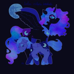 Size: 1440x1440 | Tagged: safe, artist:ariariari.png, nightmare moon, princess luna, alicorn, pony, g4, alternate versions at source, black background, crying, duo, ethereal mane, galaxy mane, mare in the moon, moon, s1 luna, simple background, spread wings, teardrop, wings