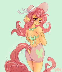 Size: 2700x3150 | Tagged: safe, artist:br0via, fluttershy, anthro, g4, clothes, dock, green background, hat, high res, shorts, simple background, solo, tail