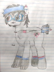 Size: 2448x3264 | Tagged: safe, artist:twiny dust, derpibooru exclusive, oc, oc only, oc:bashful interceptor, cat, cat pony, original species, plane pony, pony, colored, colored pencil drawing, cutie mark, glasses, high res, lined paper, no tail, pencil drawing, plane, solo, traditional art