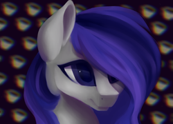 Size: 1500x1080 | Tagged: safe, artist:minckies, oc, oc only, earth pony, pony, 2017, abstract background, bust, earth pony oc, hair over one eye, old art, smiling, solo