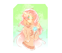 Size: 2668x2248 | Tagged: safe, artist:prettyshinegp, fluttershy, pegasus, anthro, g4, abstract background, blushing, clothes, female, high res, wingless, wingless anthro