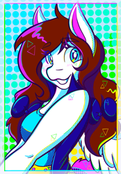 Size: 1423x2048 | Tagged: safe, artist:mscolorsplash, oc, oc only, oc:color splash, pegasus, anthro, abstract background, breasts, busty oc, eyestrain warning, female, grin, looking at you, mare, pigtails, smiling, smiling at you, solo, twintails