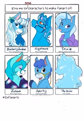 Size: 1423x2048 | Tagged: safe, artist:mscolorsplash, trixie, horse, pony, unicorn, g4, animal crossing, blue coat, blue mane, blueberry sundae (strawberry shortcake), bust, coat markings, colored eyebrows, colored hooves, colored pinnae, crossover, facial markings, female, frozen (movie), hatless, julian (animal crossing), looking at you, male, mare, missing accessory, monster high, nightmare (monster high), nokk, open mouth, open smile, reins, sheriff callie, simple background, six fanarts, smiling, smiling at you, snip (coat marking), sparky (sheriff callie), stallion, strawberry shortcake, text, tongue out, white background