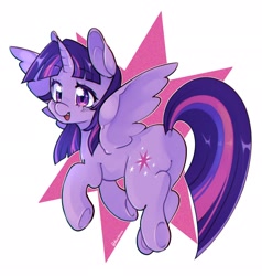Size: 1950x2048 | Tagged: safe, artist:haichiroo, twilight sparkle, alicorn, pony, g4, abstract background, butt, cute, featureless crotch, female, mare, open mouth, plot, signature, solo, spread wings, twiabetes, twibutt, twilight sparkle (alicorn), underhoof, wings