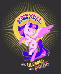 Size: 3289x3981 | Tagged: safe, artist:stevetwisp, twilight sparkle, alicorn, pony, g4, abstract background, bisexuality, female, flying, high res, lgbt, mare, pride, solo, sun, text, twilight sparkle (alicorn)