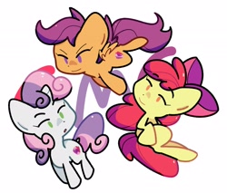 Size: 2793x2381 | Tagged: safe, artist:kindakismet, apple bloom, scootaloo, sweetie belle, earth pony, pegasus, pony, unicorn, g4, cutie mark crusaders, eyebrows, eyebrows visible through hair, female, filly, foal, high res, no pupils, no sclera, open mouth, simple background, small wings, smiling, spread wings, trio, trio female, white background, wings