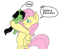 Size: 2795x2303 | Tagged: safe, artist:ponny, fluttershy, oc, oc:filly anon, earth pony, pegasus, pony, g4, bipedal, boop, chest fluff, female, filly, foal, high res, holding a pony, hoof heart, mare, simple background, smiling, speech bubble, text, underhoof, upsies, white background