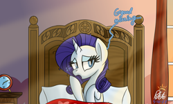 Size: 2500x1500 | Tagged: safe, artist:notadeliciouspotato, rarity, pony, unicorn, g4, alarm clock, bed, blanket, clock, crepuscular rays, day, dialogue, female, horn, indoors, mare, messy mane, morning ponies, nightstand, open mouth, pillow, signature, solo, speech bubble, sunrise, window, yawn
